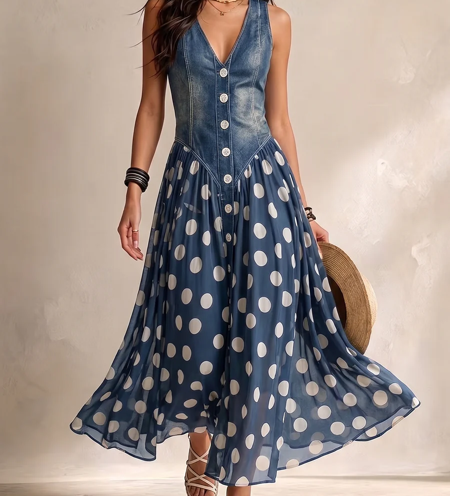 Elena™ | Stylish Denim Dress with Polka Dot Chiffon Skirt