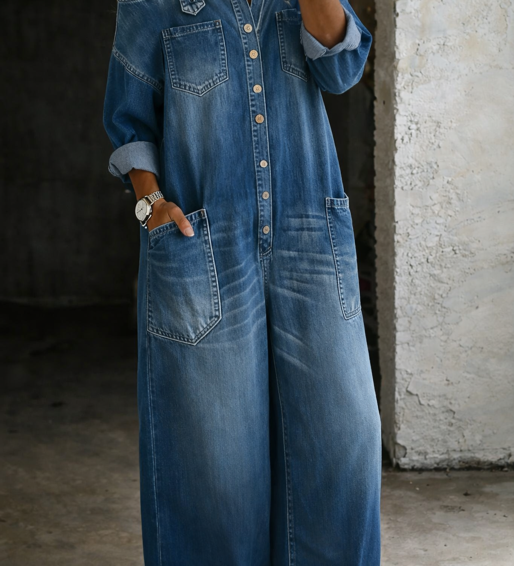 Nora - Off-Shoulder Denim Overalls