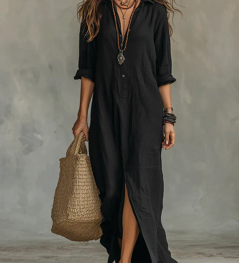 Amy – Relaxed Black Maxi Dress with Buttons